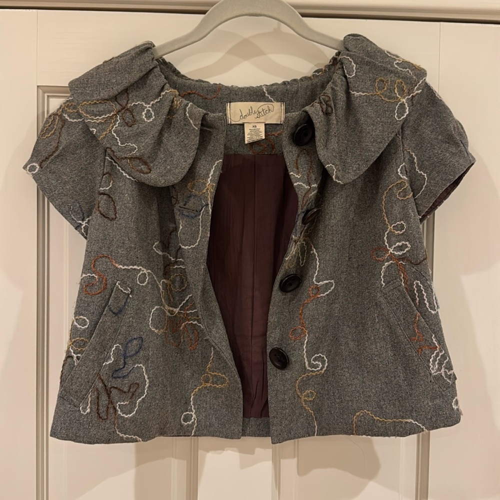 Anthropologie | Double Stitch | Gray Wool Embroidered Cropped Jacket Coat